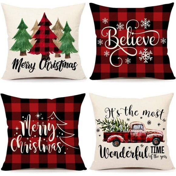 18''x18'' 4 Red Black Farmhouse Emotion Buffalo Check Christmas Pillow Covers - Picture 1 of 10